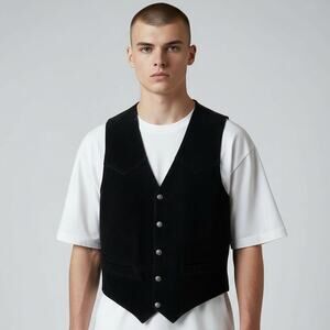 VTG MODAL of NEW YORK Black Leather Cut to Fit Dress Vest Snap Buttons Medium